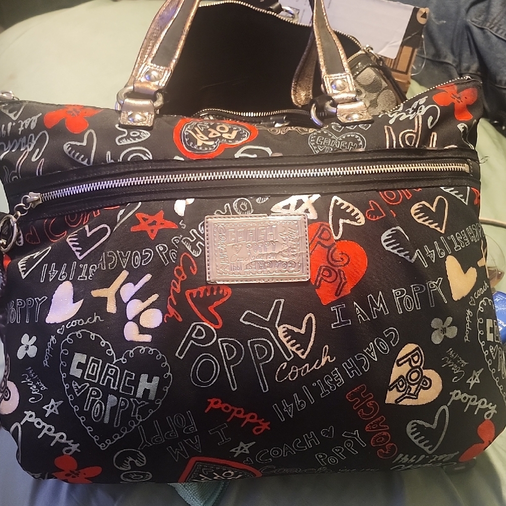 Coach Black and Red Heart Graphic Tote